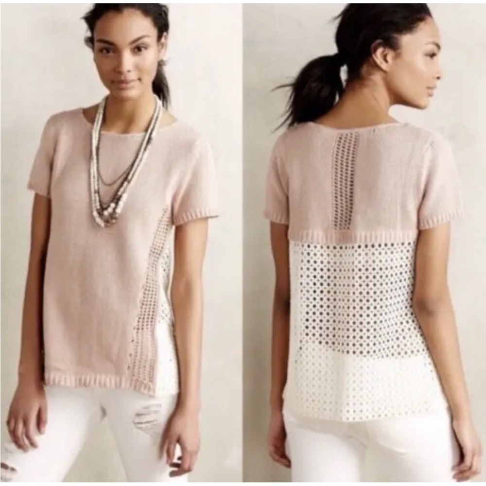 Moth Anthropologie Small Madeira Peach Knit Eyelet Pullover Cotton Boho Top